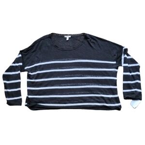 Eileen Fisher Organic Linen Boxy Top Black White Stripe XL Cropped Relaxed